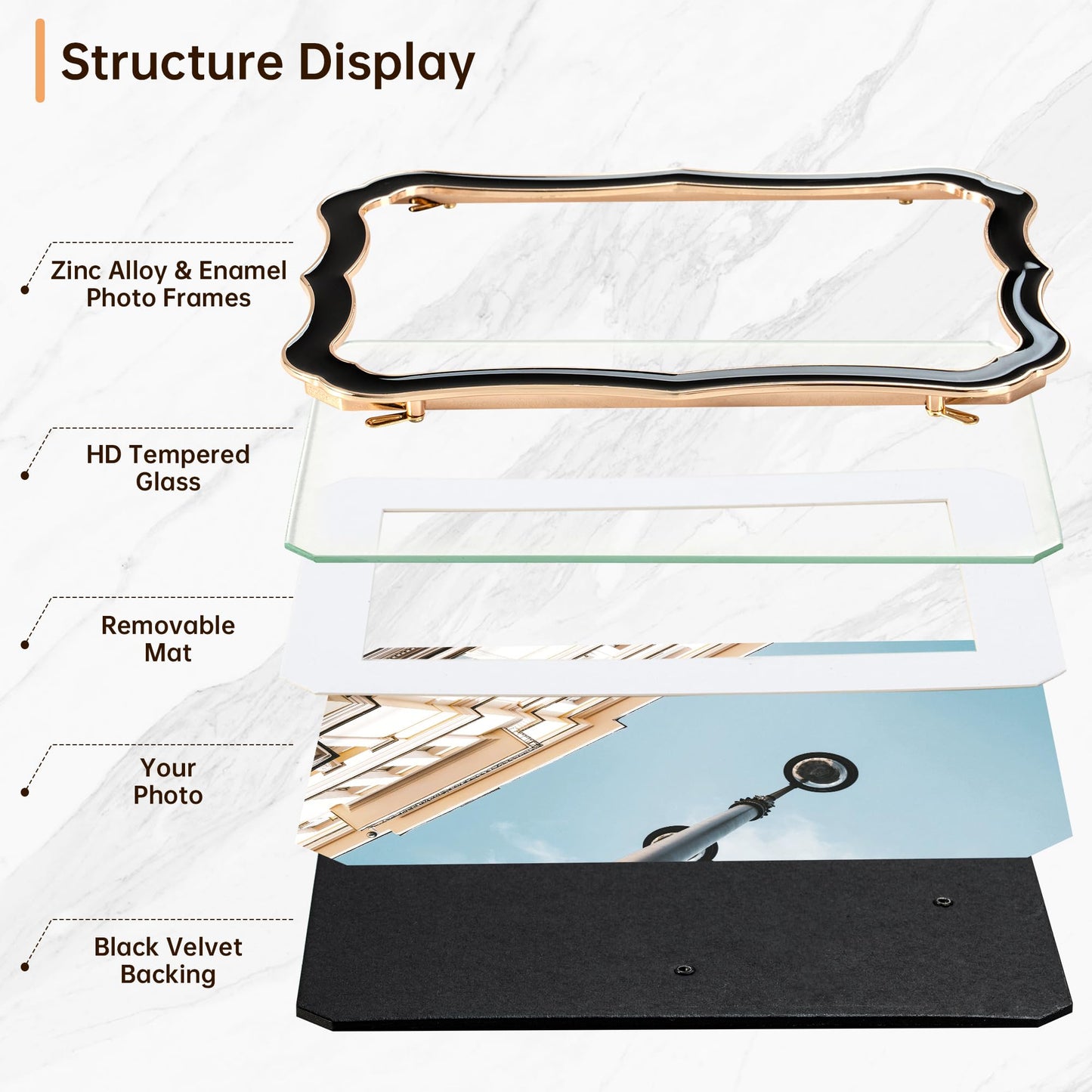 4x6 Enamel Picture Frame with HD-Tempered Glass, Display 3x5 Photo with Mat, Ornate Photo Frame with Gold Metal Edge & Velvet Back for Tabletop & Wall Mount Vertically or Horizontally Display, Black