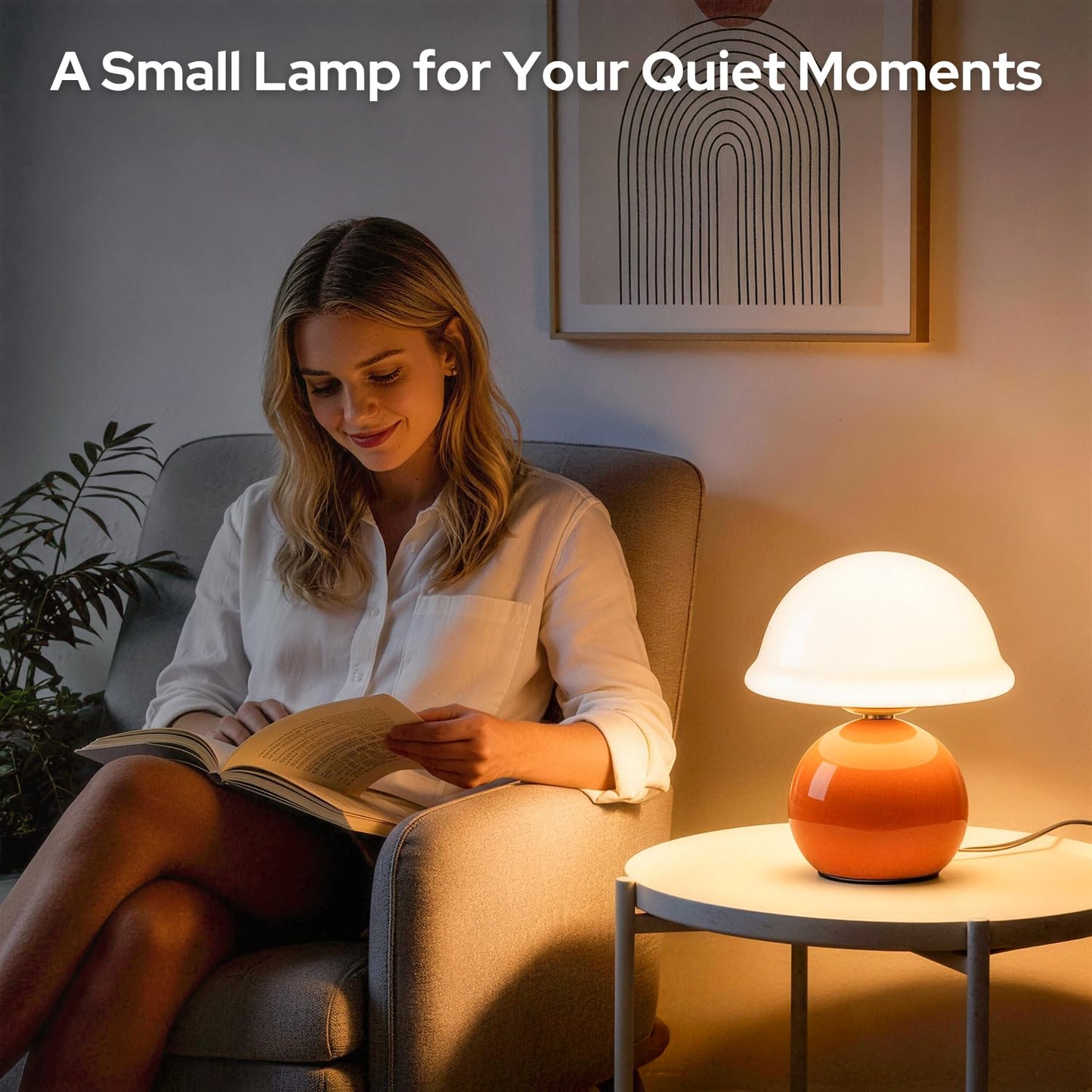 Komothala Mushroom Table Lamp for Bedroom, Cozy Bedside Lamp with Glass Shade, Stepless Dimmable Nightstand Lamp for Relaxing Bedroom Decor & Aesthetic Home (Orange)
