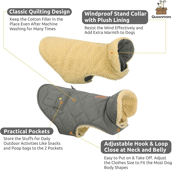 Queenmore Dog Winter Coat - Fleece Jacket, Waterproof Cold Weather Clothes, Thick Warm Cotton Padding, Easy On Storage Pockets (Grey, Large)