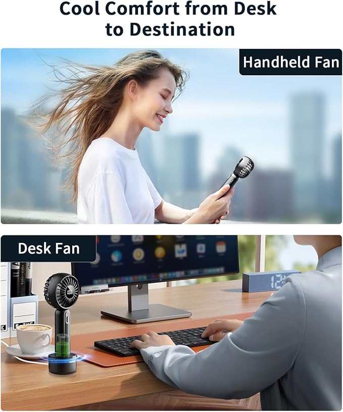 Handheld Fan with 𝗪𝗶𝗿𝗲𝗹𝗲𝘀𝘀 Charging Base, 3 Speeds Portable Fan with Digital Display, 2000mAh Battery Operated Hand Held Fan, Handheld/Desk 2 in 1 Personal Fan Lash Fan Makeup Fan (Black)