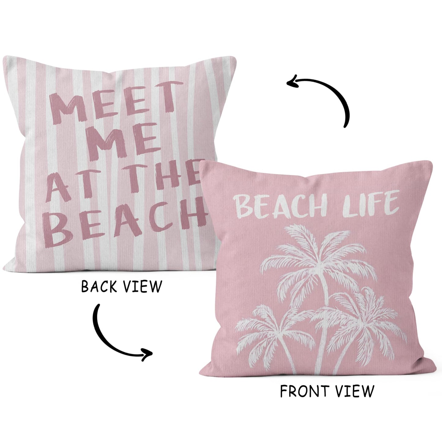 HIWX Pink Coastal Beach Pillow Covers 18x18 Double-Sided, Beachy Room Decor Aesthetic, Preppy Pink Meet Me at The Beach Palm Tree Decorative Pillow Covers for Couch Bed Girls Room Bedroom Dorm Decor