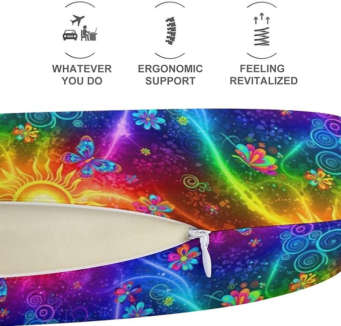 Breathable Memory Foam Travel Pillow U Shaped Chin Head Support Acid Color Trippy Colorful Sun Butterfly Florals, Removable Washable Cover for Airplane Car Office Pain Relief