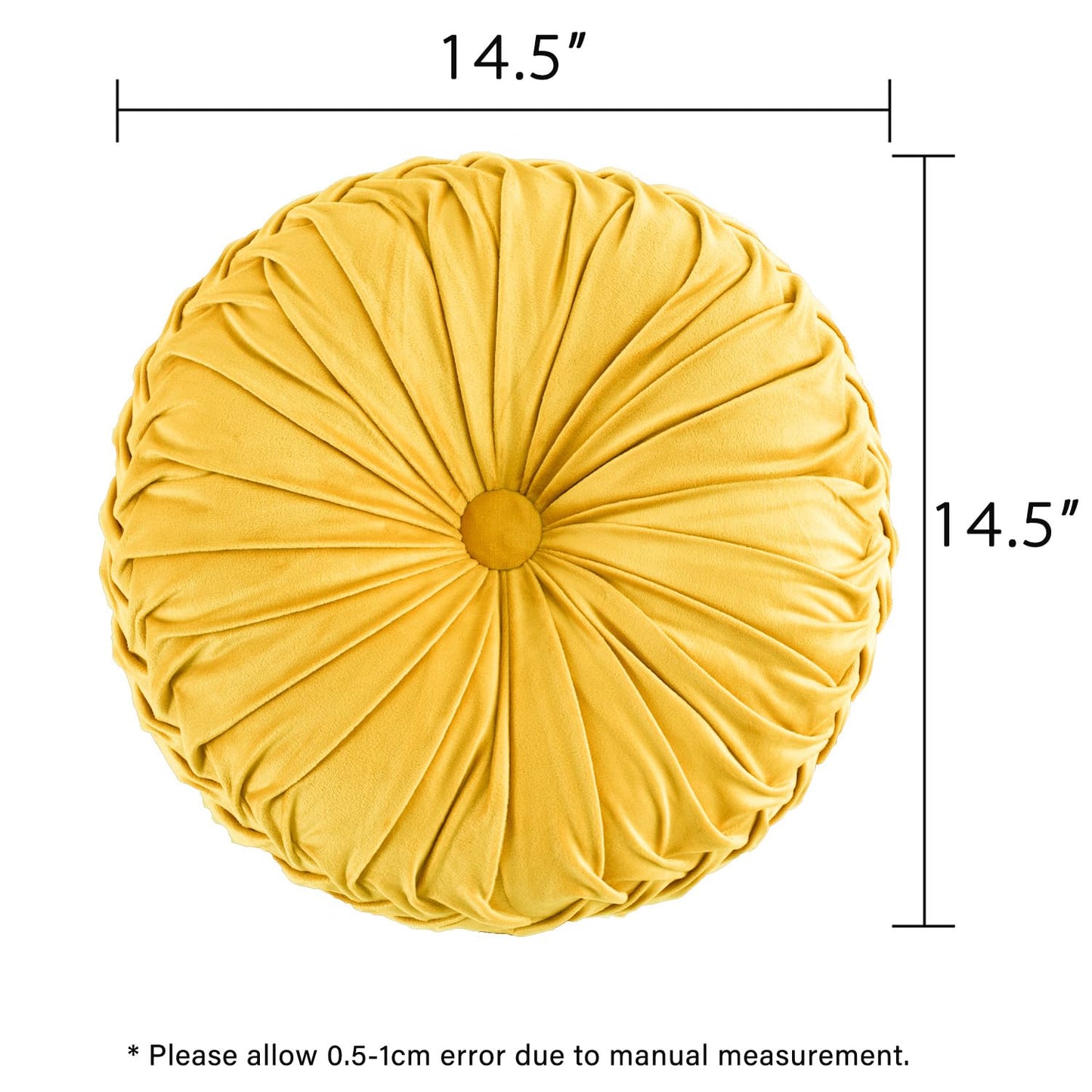 HIG Set of 2 Yellow Ruched Velvet Round Throw Pillows – 14.5’’ Decorative Pillows with Soft Polyester Filling for Couch, Bed, Living Room, Bedroom, or Dorm – Handmade, Stress Relieving, All-Season