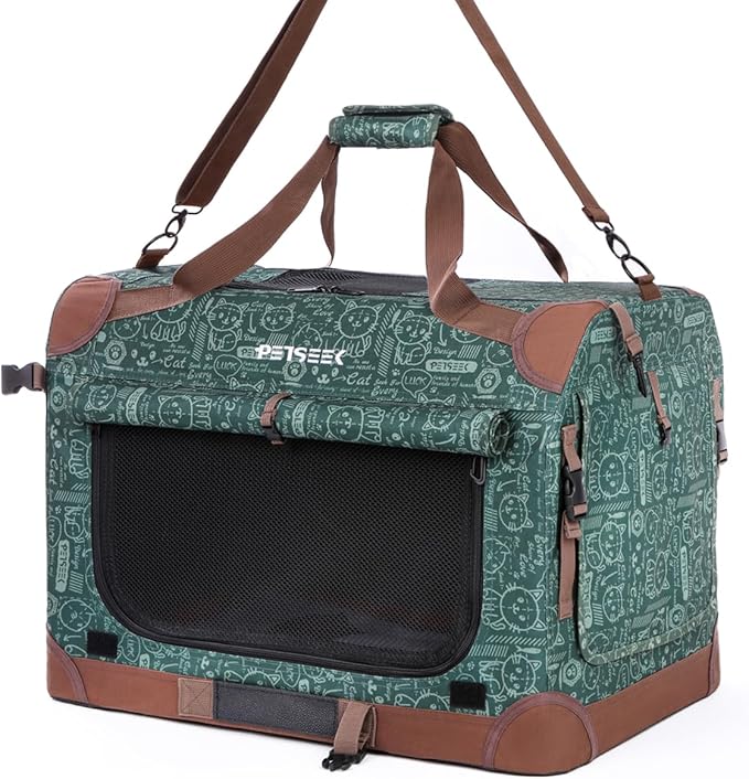 Extra Large Cat Carrier Soft Sided, Portable Small Dog Carrier for 2 Cats, 24"x16.5"x16" Car Travel Folding Comfortable Design, Green