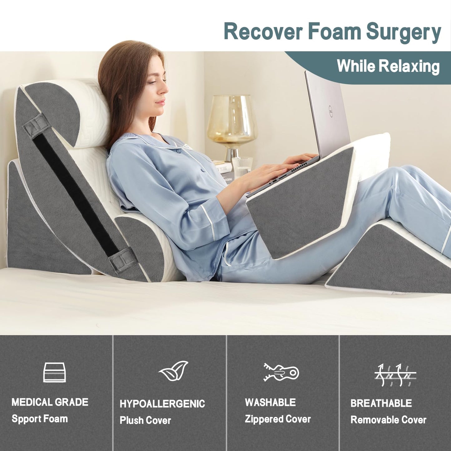 Yojoker 6pcs Orthopedic Bed Wedge Pillow Set for Sleeping, Post Surgery Foam for Body, Back and Leg Pain Relief Comfortable & Adjustable Support Pillows-Anti Snoring, Heartburn
