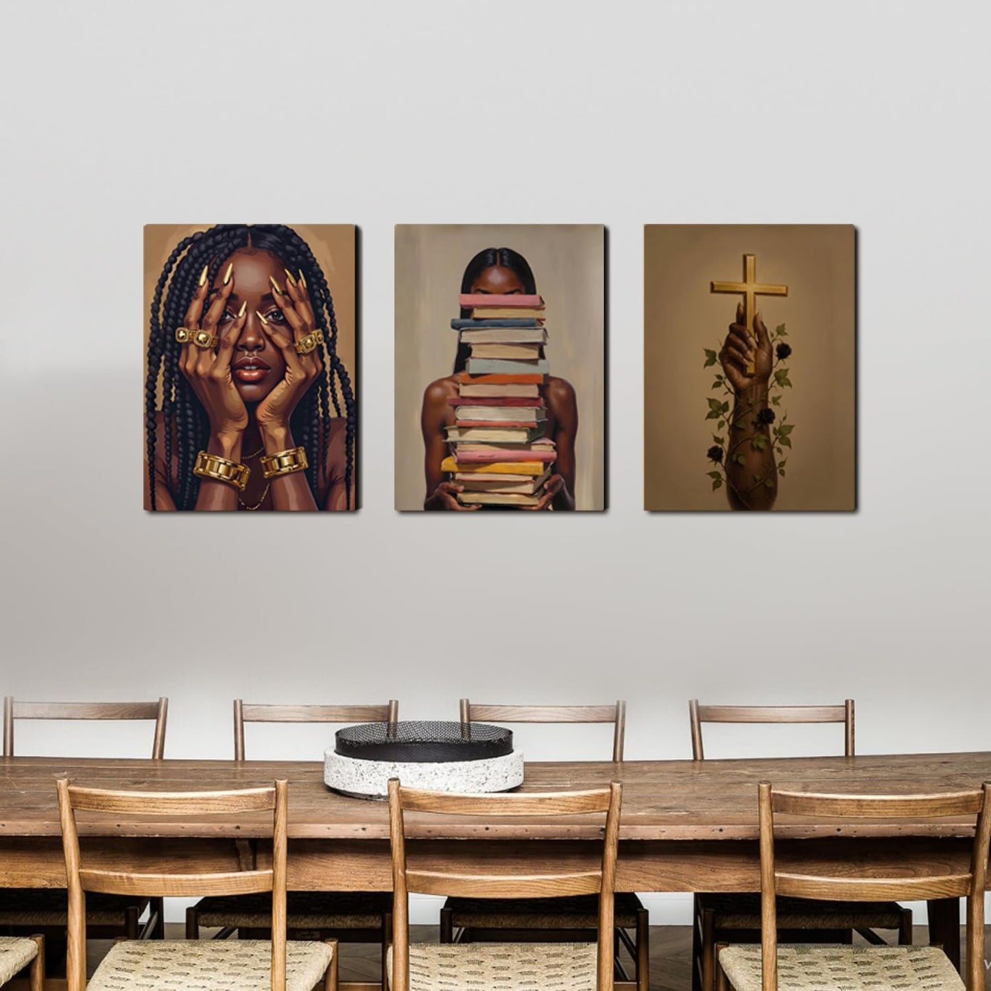 Black Woman Wall Art Canvas Print Set of 3 Framed Poster Picture Modern Artwork Wall Decor African American Artwork Canvas Wall Art 12x16 Inch for Living Room Bedroom Ofﬁce