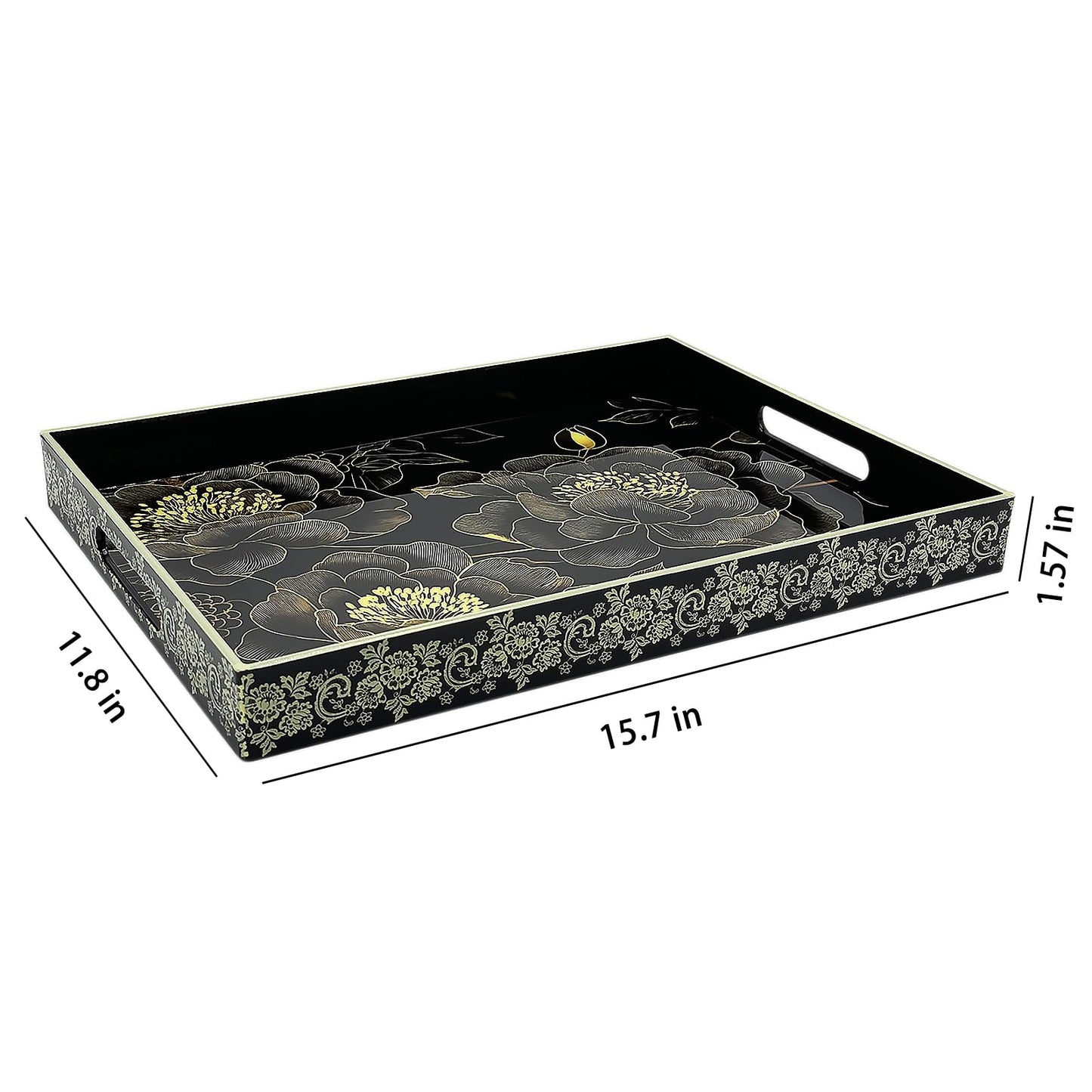 PDUHKO Serving Tray with Handles, 15.7 * 11.8 inches, Plastic Ottoman Tray with Exquisite Paintings, Trays for Coffee Table