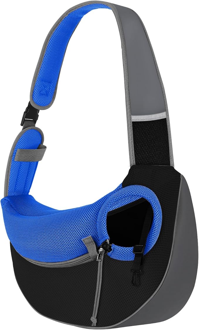Pawaboo Dog Sling Carrier, Hand Free Breathable Mesh Bag for Puppy Cat, Drawstring Dog Papoose with Adjustable Strap and Pocket, Crossbody Satchel Dogs Purse for Outdoor Travel, S, Indigo