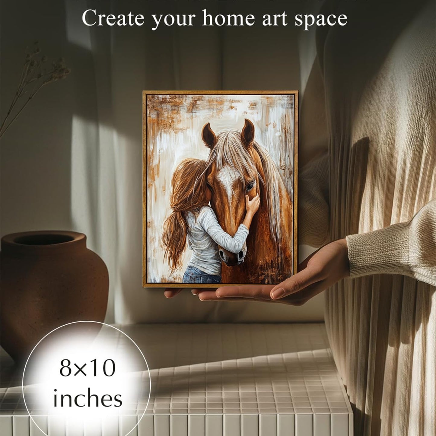 Framed Horse Canvas Wall Art Girl and Horse Rustic Farmhouse Equestrian Pictures Wall Decor for Girls Bedroom, Western Country Art for Living Room Study (8x10in)
