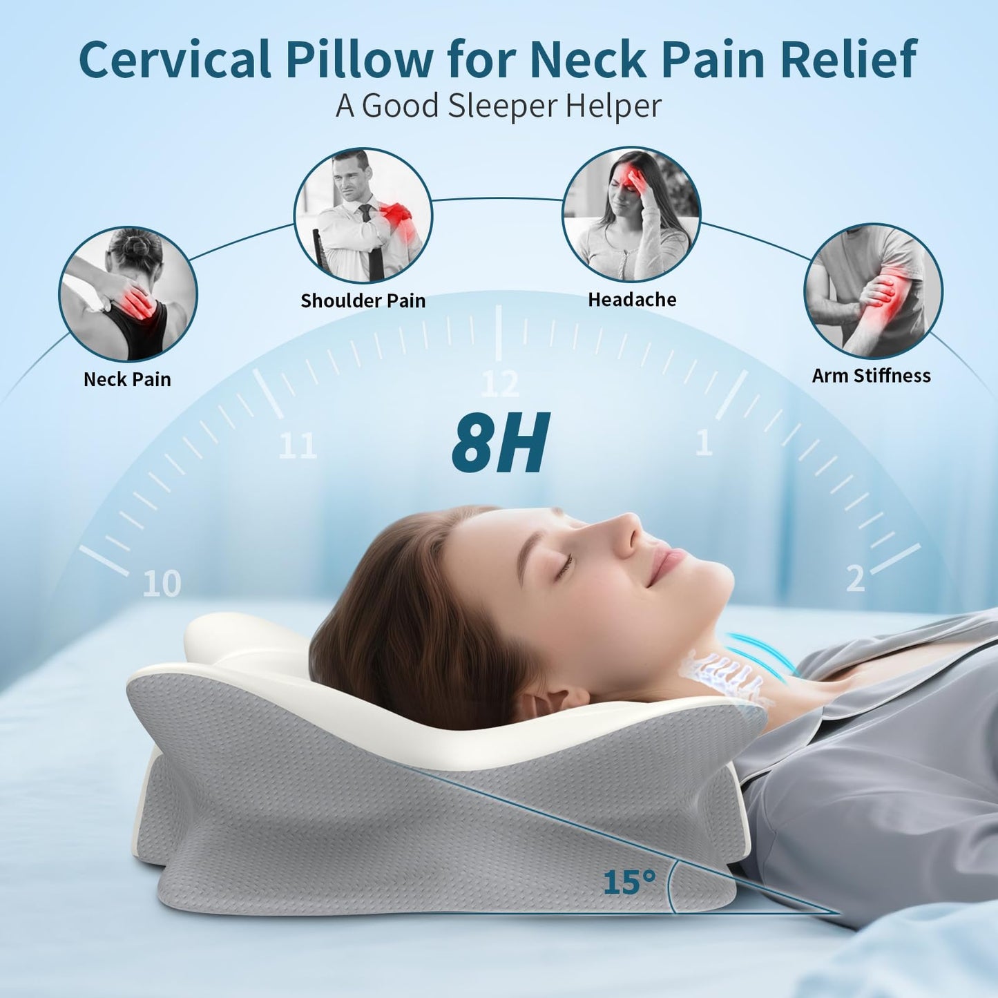 Besyodo Cervical Neck Pillow for Pain Relief, Ergonomic Side Sleeper Pillow Cooling Memory Foam Pillows for Sleeping, Contour Pillow Orthopedic Bed Pillow for Back Stomach Sleepers(White)