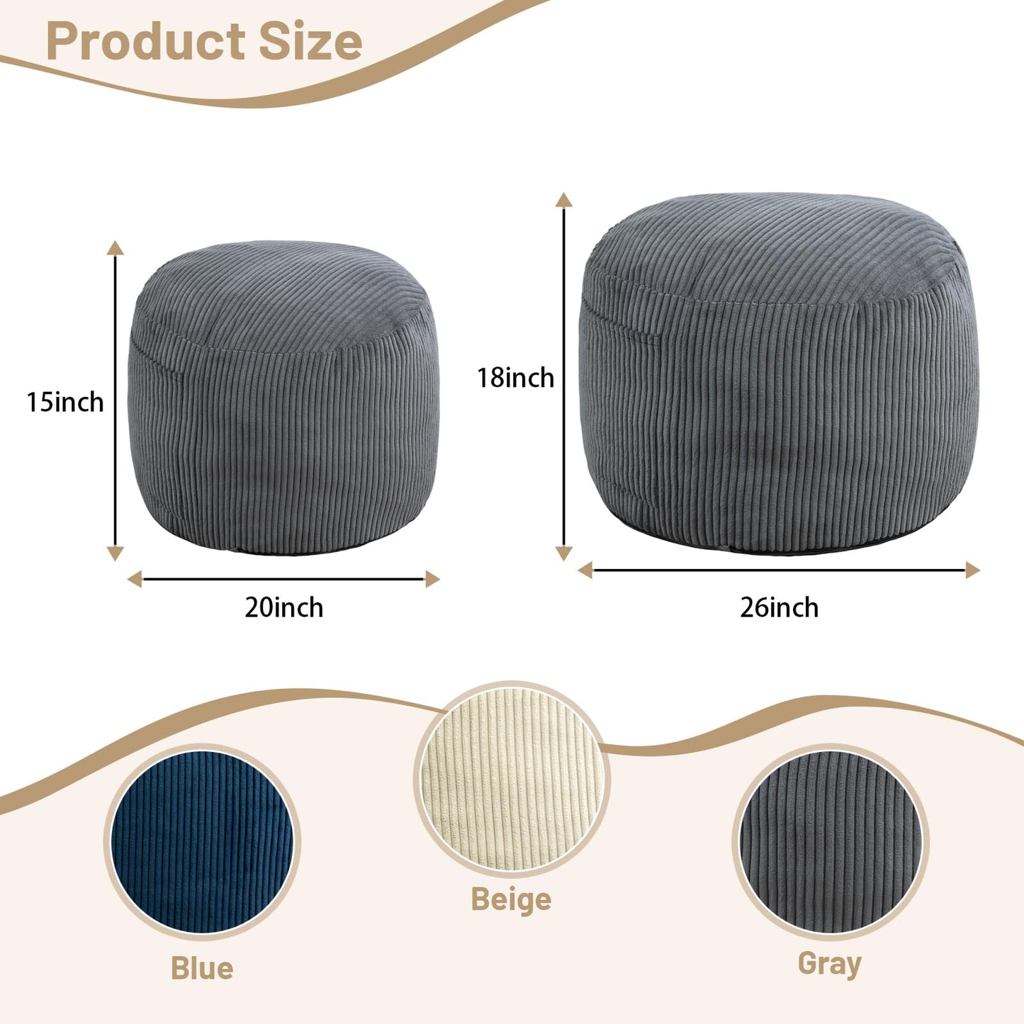 Manyday Round Stuffed Pouf Ottoman,Corduroy Foot Rest with Rebound Foam Filled, Furry and Fluffy Foot Stool Ottoman, Floor Poufs for Living Room (Gray, 26" D x 26" W x 18" H)