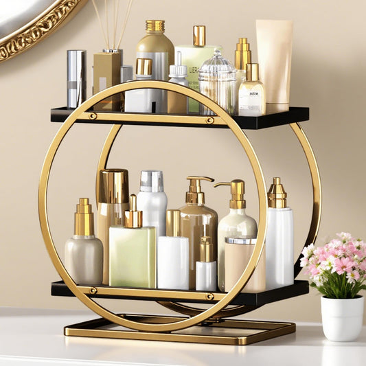 YIWANFW Makeup Organizer for Vanity, Black Gold Perfume Organizer for Dresser, 2-Tier Bathroom Countertop Organizers, Bathroom Counter Shelf Skincare Holder Perfume Tray Cosmetic Display