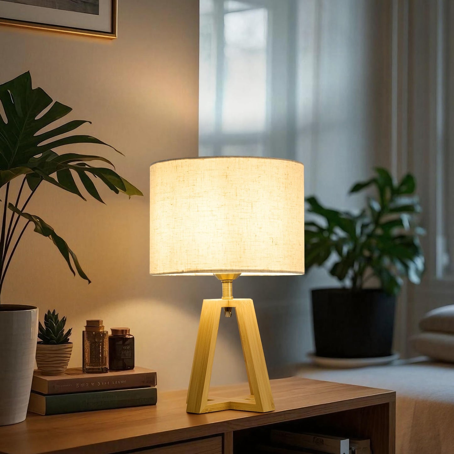 Booniture Cross-Base Table Lamp, Small Bamboo Bedside Lamp with Beige Linen Lampshade, Boho Modern Nightstand Lamp for Bedroom Living Room Office,E26 Socket (Natural Color)