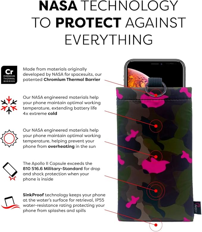PHOOZY Apollo II Thermal Phone Case Cold Weather Insulated Pouch | Extends Battery Life 4X | NASA Tech Skiing Snowboard Accessories | Military Grade | Large - Pink CAMO