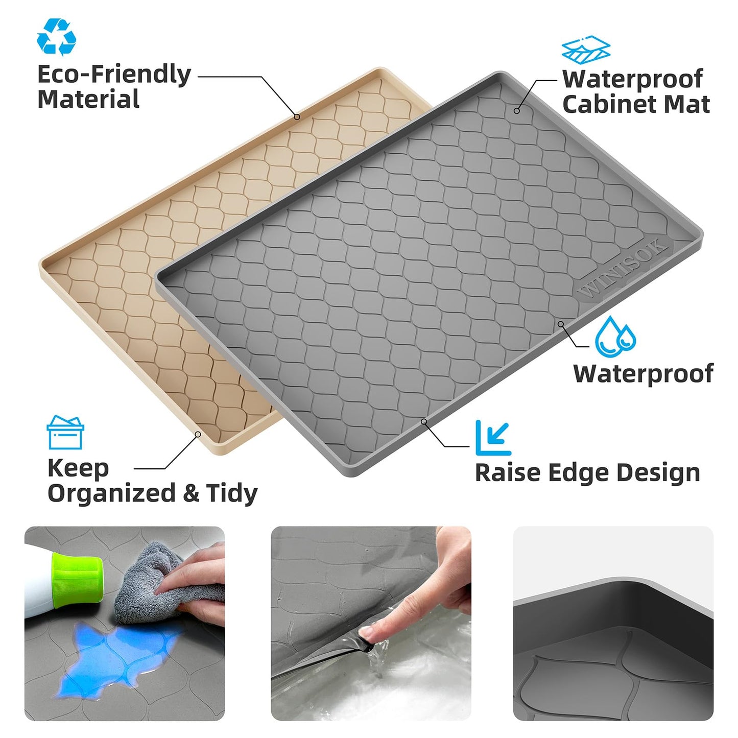 Winisok Silicone Under Sink Mat 22" x 19", kitchen Essentials and Gadgets, Shelf liner and Cabinet Protector, Home Organizers and Storage, Waterproof Bathroom Tray