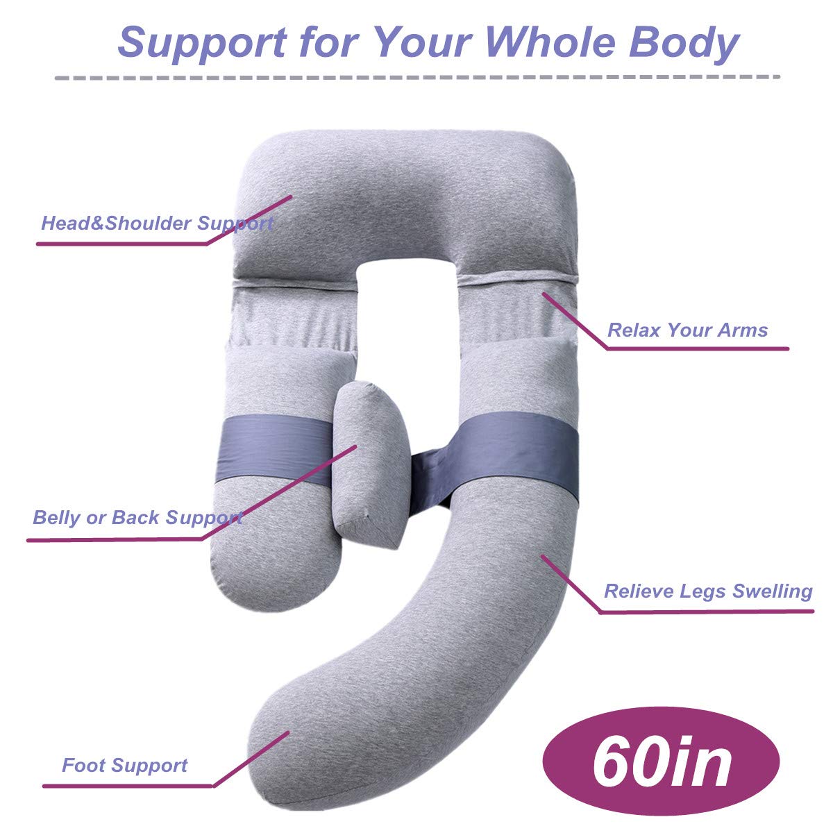 MOON PINE 60 inch Pregnancy Pillow, Detachable Maternity Body Pillow, Large U Shaped Sleeping Pillow for Pregnant Women with Removable Cover (Grey-Jersey)
