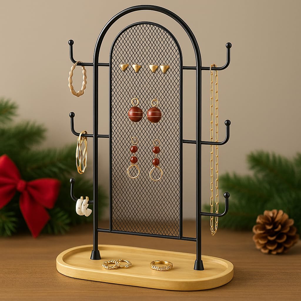 bussdis Jewelry Holder Organizer Earring Display - Earring Storage Tree Stands Towers With 6 Hooks 300 Studs Wood Tray Black Metal Rack