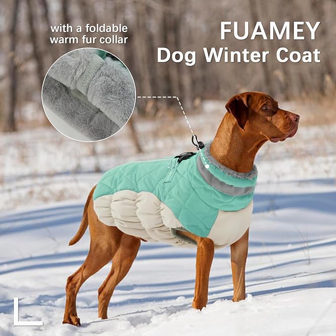FUAMEY Dog Coat for Medium Dogs,Waterproof Dog Winter Jacket with Harness Built in Puppy Cold Weather Coats Reflective Pet Vest with Zipper Warm Fleece Dogs Snowsuit Windproof Mint Green M