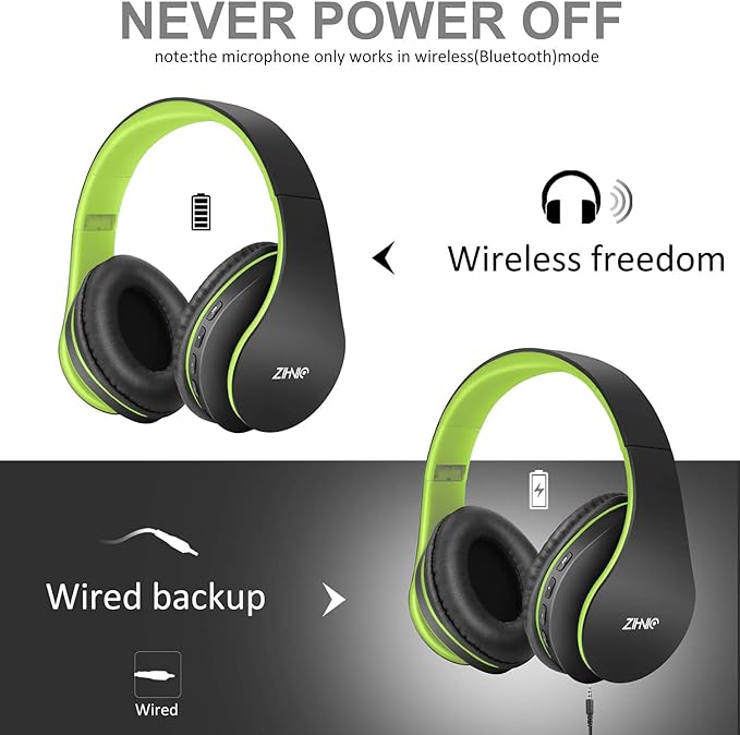 ZIHNIC Bluetooth Headphones Over-Ear, Foldable Wireless and Wired Stereo Headset Micro SD/TF, FM for Cell Phone,PC,Soft Earmuffs &Light Weight for Prolonged Wearing(Black/Green)