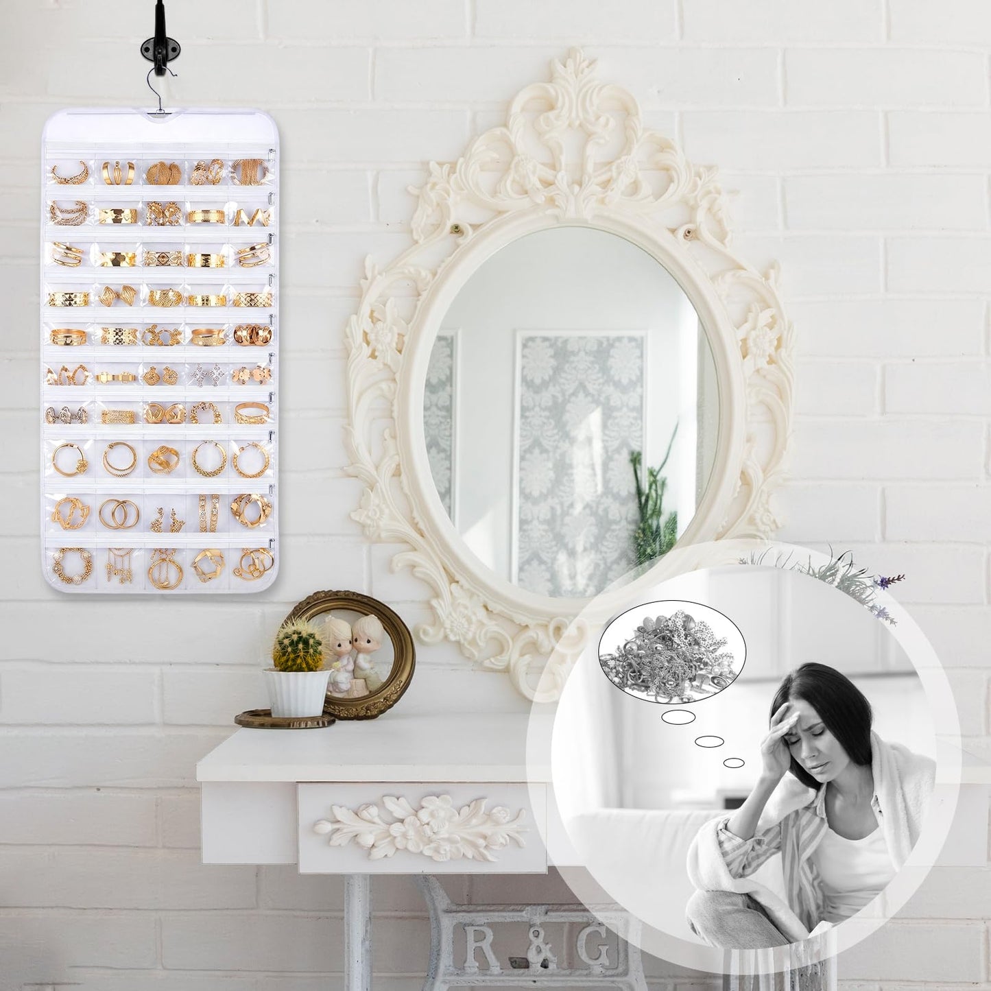 Xosjska 2 Pack Hanging Jewelry Organizer 80 Zippered Pockets 80-Pocket Dual-sided Jewelry Storage for Necklace Bracelet Earring RingsTravel Holder - White