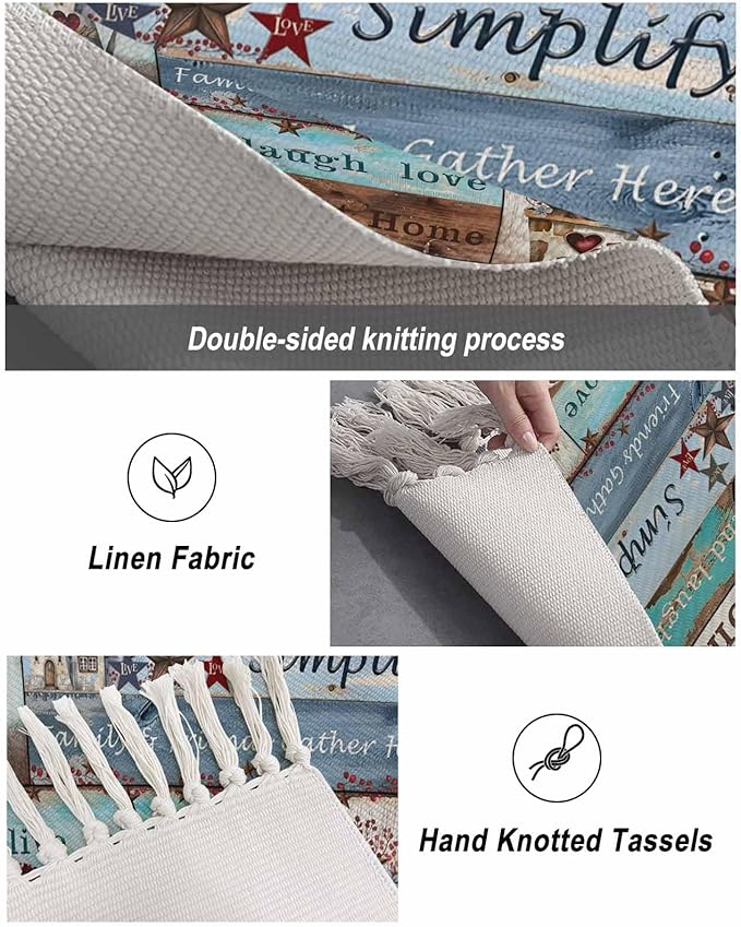 Turquoise Blue Brown Runner Rug 2X4 Ft Entryway Outdoor Indoor Mat, Washable Woven Vintage Barn Rustic Cabin Throw Carpet with Tassel, Non-Shedding Country Star Farm Wooden Plank Hallway Bath Mats