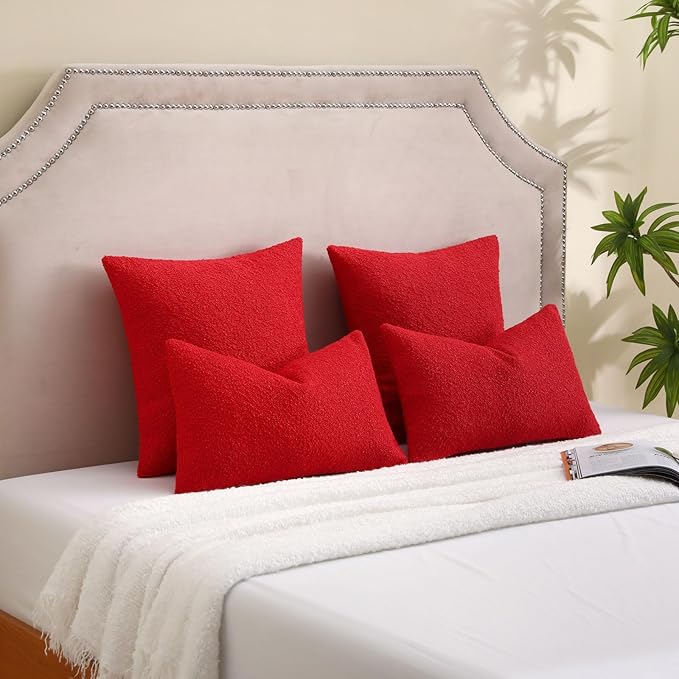 FUTEI Christmas Pack of 2 Red Decorative Throw Pillow Covers 24x24 Inch Soft Cozy Solid Boucle Textured European Cushion Case,Modern Home Decor for Couch Bed Living Room