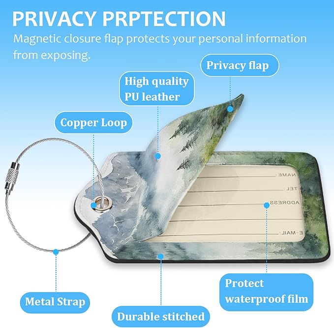 2 Pack Luggage Tag for Suitcase,Misty Forest Luggage Tag with PU Leather Privacy Cover ID Label & Stainless Steel Loop for Women Men Travel Bag Suitcase