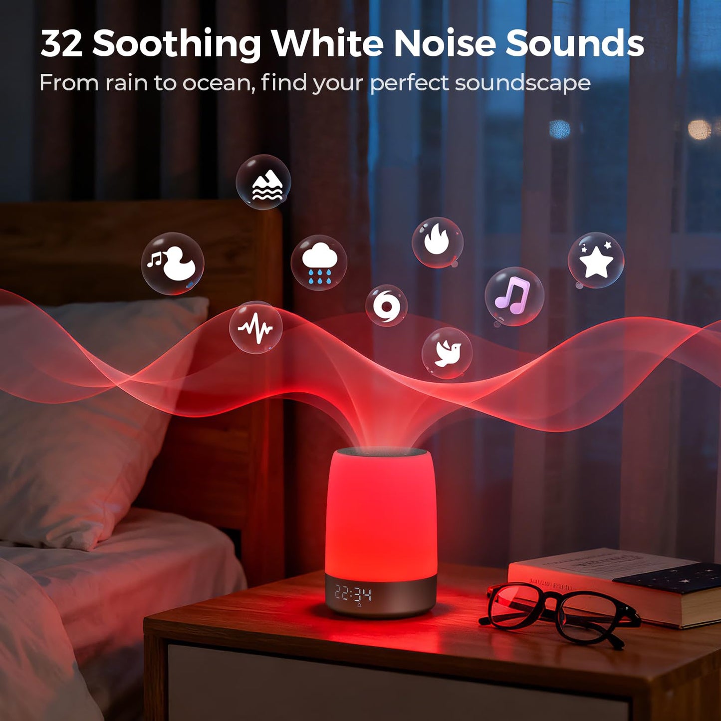Smart Red Light Therapy Lamp & Sleep Sound Machine for Bedroom with Alarm Clock, 32 White Noises Sound Machine, Night Light with App Control, 5-Level Red Light (620–690nm), 2600mAh Battery（Large）
