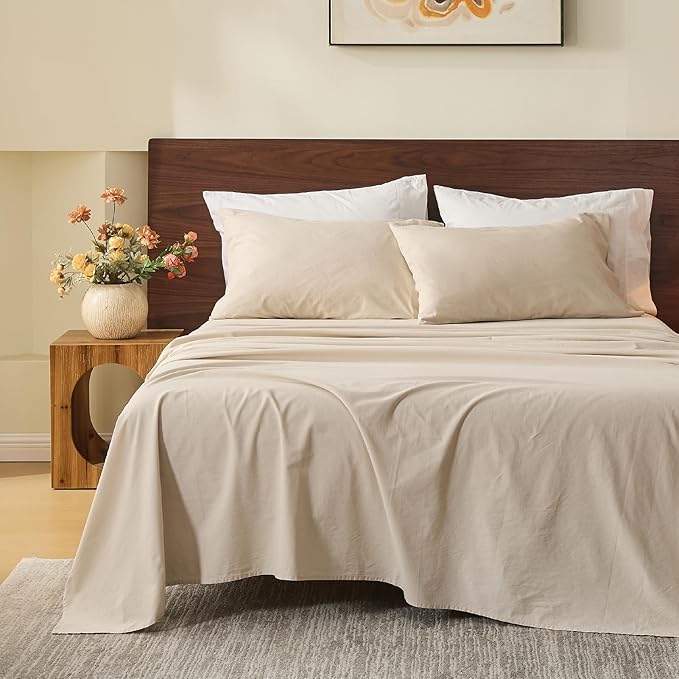 MEISHANG 100% French Pure Linen Sheets Queen Size - Bed Sheets 4 Piece Sets, Soft Durable Flax Linen, Anti-Tear Breathable Oeko-Tex Certified with 16" Deep Pocket (Linen)