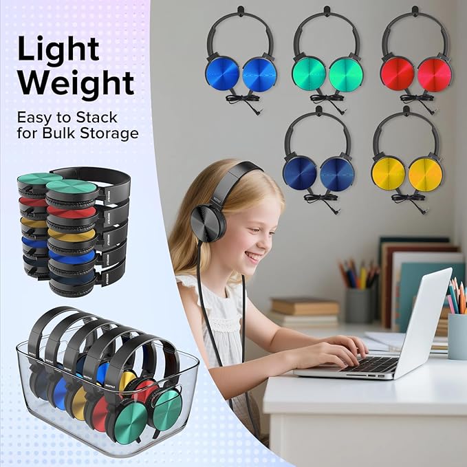5 Pack Wired Bulk Kids Headphones for School Classroom K-12,On Ear with 3.5mm Jack, 4ft Tangle Free Cable,Ideal for Chromebook,Computer,Laptop (HTC004 Black)