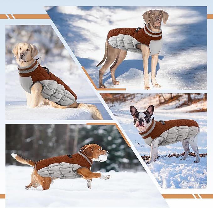 OUOBOB Dog Jackets for Large Dogs, Large Dog Winter Coat, Pet Cold Weather Coats, XXXL Pet Jacket with D-Ring, Waterproof Coat with Back Zipper,Snowsuit Labrador German Shepherd Doberman,Brown,XXXL