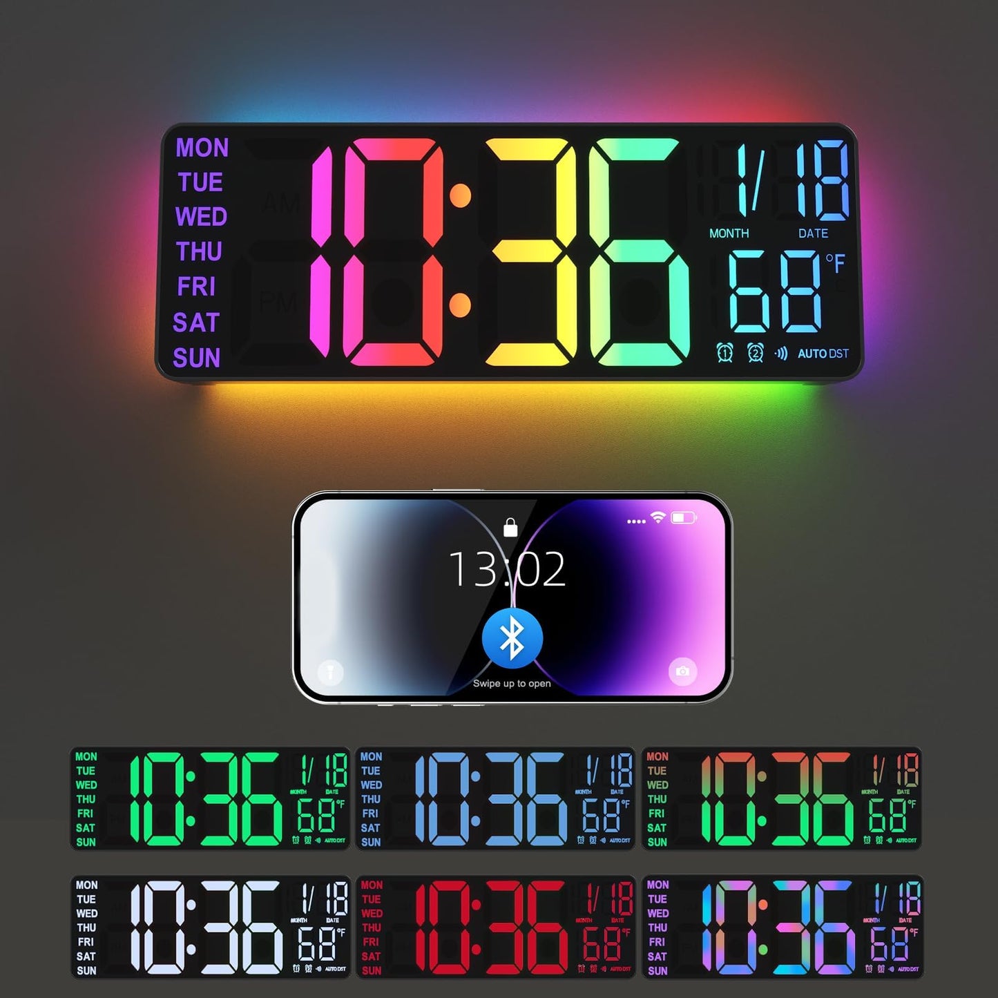 YISILE 13" Digital Wall Clock with Night Light,8 RGB Color,Dual Alarms with Large Display, Dimmer, Auto DST, Voice Control, Auto Time Sync,Remote Control for Living Room Bedroom,Gift for All Ages