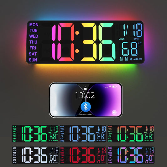 YISILE 13" Digital Wall Clock with Night Light,8 RGB Color,Dual Alarms with Large Display, Dimmer, Auto DST, Voice Control, Auto Time Sync,Remote Control for Living Room Bedroom,Gift for All Ages
