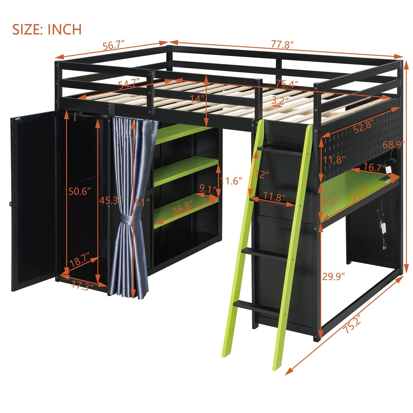 Merax Wood Loft Bed with Wardrobe,Shelves,Blackout Curtains and RGB Lights, Full Size, Black+Green