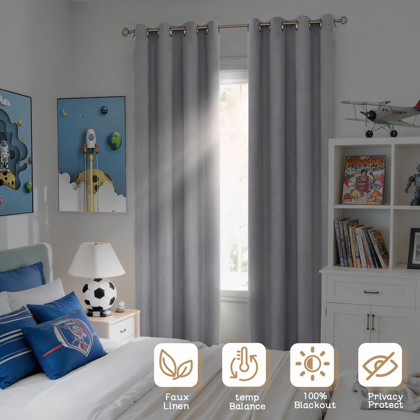BGment Dark Grey Boys 100% Blackout Curtains for Bedroom- Linen Thermal Insulated Light Blocking Grommet Window Drapes for Nursery Living Room Farmhouse, 52 x 84 Inch