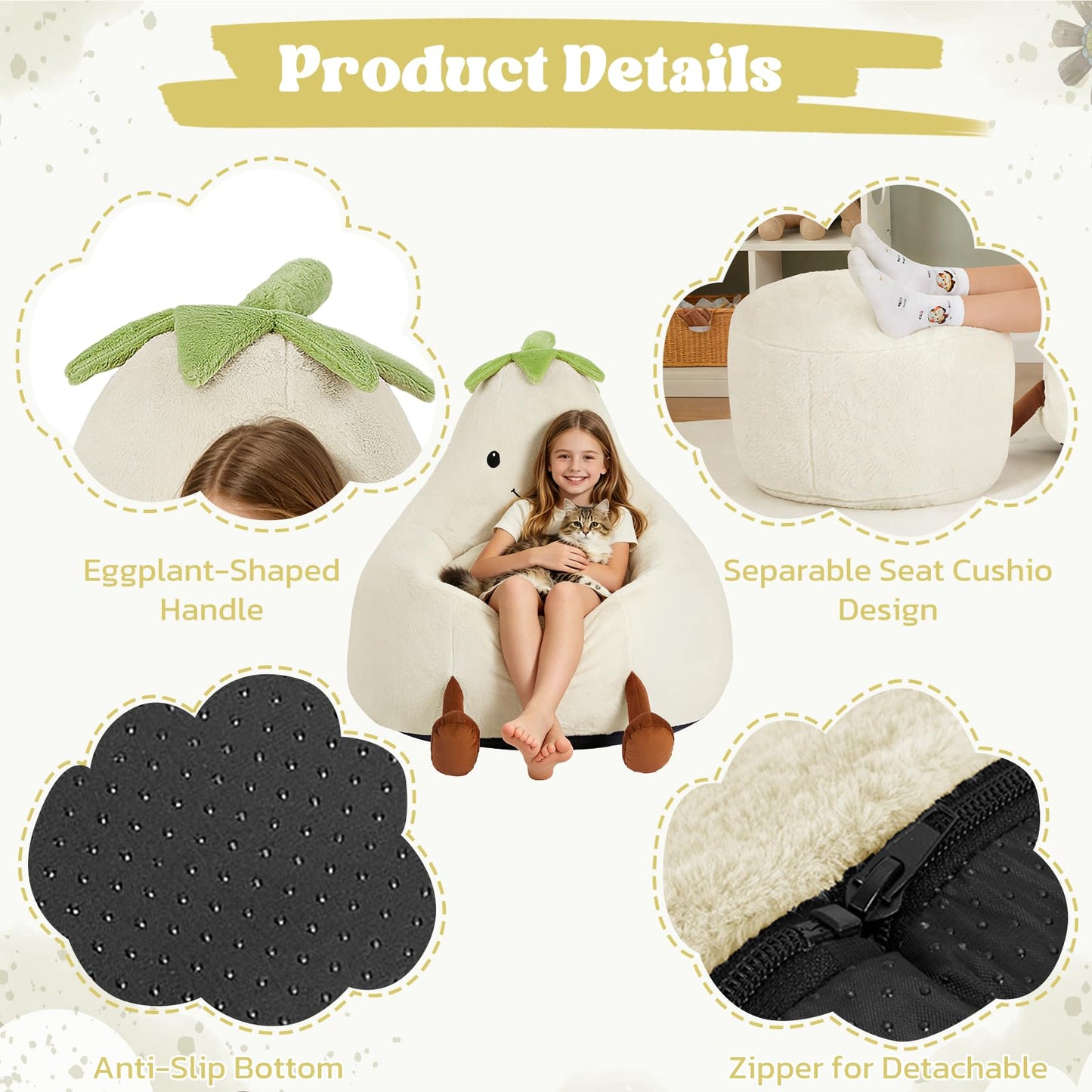 2.5FT Memory Foam Bean Bag Chair - Ultra Soft Faux Rabbit Fur Round Sofa with Handle & Machine Washable Cover, Comfy Lazy Chair for Kids Teens, Perfect for Reading Gaming in Living Room Bedroom，Beige