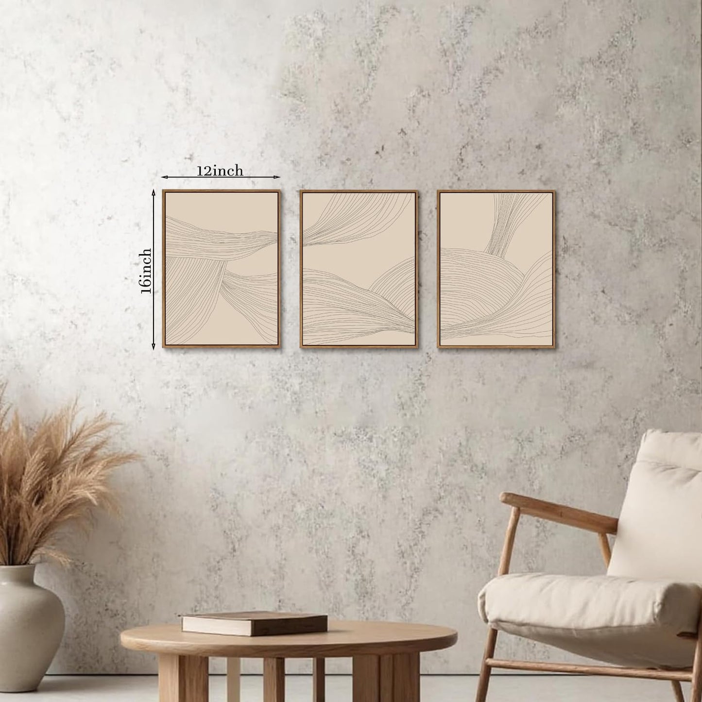 myusuar 3 Piece Large Modern Abstract Canvas Framed Wall Art For Living Room, Beige Minimalist Wall Art Decor Posters Prints For Bedroom Office, 12x16in