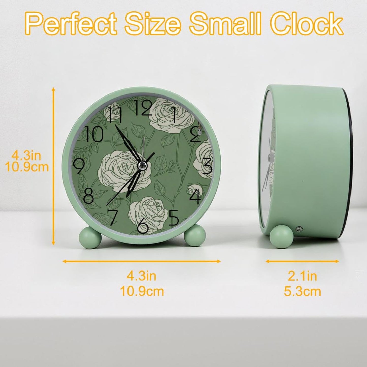 IROLSKDNFH 4.3" Analog Alarm Clock, Silent Non Ticking Table Clock with Light, Battery Operated for Living Room Bedroom Bedside Decor, Line Art Roses Sage Green Background