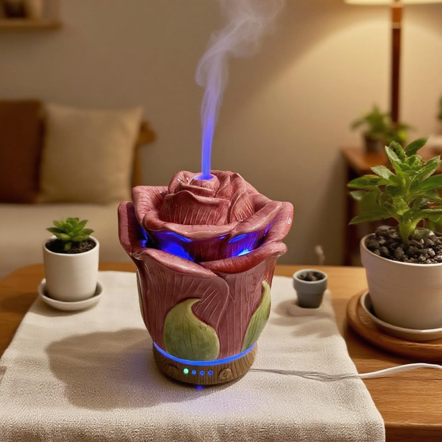 Ceramic Hand-Painted Rose Essential Oil Diffuser ，80 ml Timers Night Lights and Auto Off Function Home Office Humidifier (Rosered)
