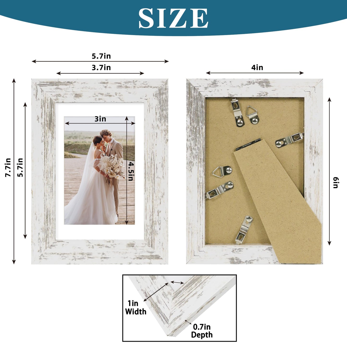Hongkee 4x6 Picture Frame Set of 4, Made of Real Glass and Distressed White Wooden Frame, 4 by 6 Photo for Wall or Tabletop - Display Picture 3.5x5 with Mat or 4x6 Without Mat