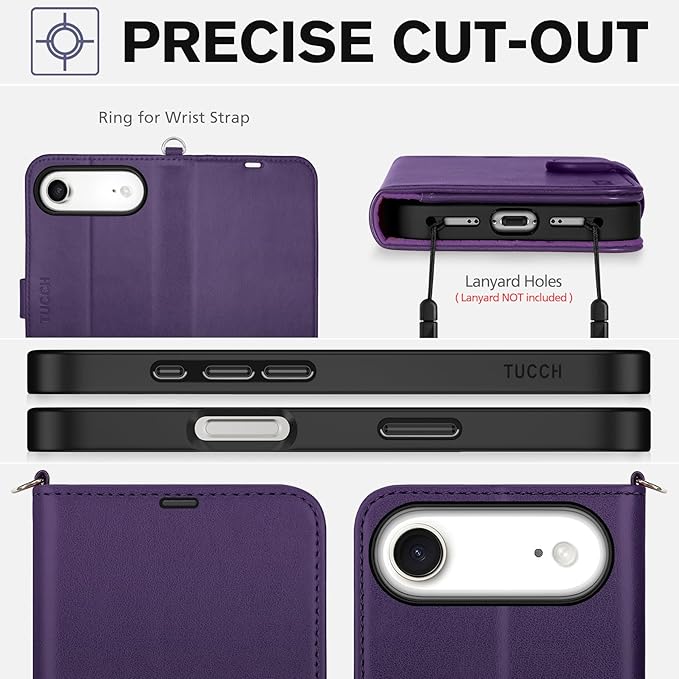 TUCCH Case Wallet for iPhone Air (6.5") 2025, Wrist Strap, Stand, RFID Blocking 4 Card Holder, TPU Shockproof Shell, PU Leather, Magnetic Closure Folio Protective Cover, Deep Purple