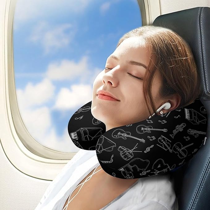 Portable U-Shaped Travel Pillow Memory Foam Neck Rest, Musical Instrument Guitar Piano Bass Black U-Shape, Airplane Car Bus Office Chin Support