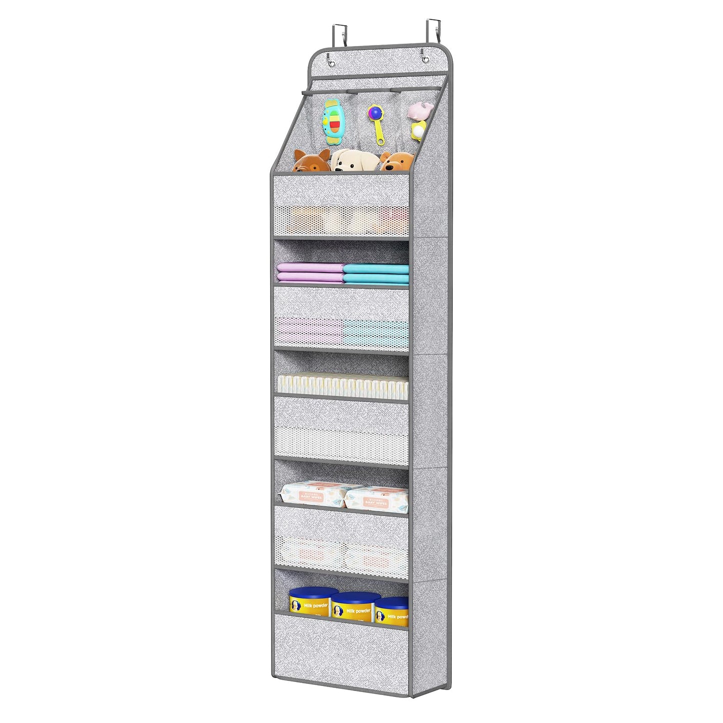Univivi 6-Shelf Over Door Hanging Organizer Fabric Baby Door Storage with 5 Large Pockets and 3 Small PVC Pockets Wall Mount Hanging Storage Organizers for Baby Essential (Grey Pattern)