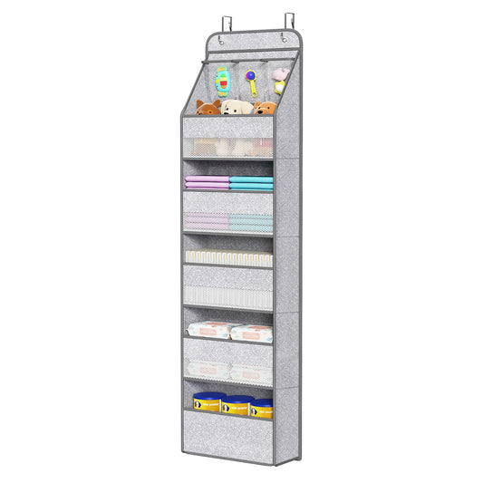 Univivi 6-Shelf Over Door Hanging Organizer Fabric Baby Door Storage with 5 Large Pockets and 3 Small PVC Pockets Wall Mount Hanging Storage Organizers for Baby Essential (Grey Pattern)