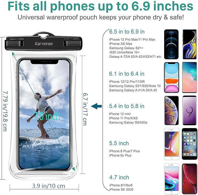 Karvense Waterproof Phone Pouch/Case, 4 Pack Large Water Proof Phone Pouch for iPhone, Samsung Galaxy & Pixel, IPX8 Phone Water Protector Pouch for Travel, Vacation, Beach, Pool, Cruise Essentials