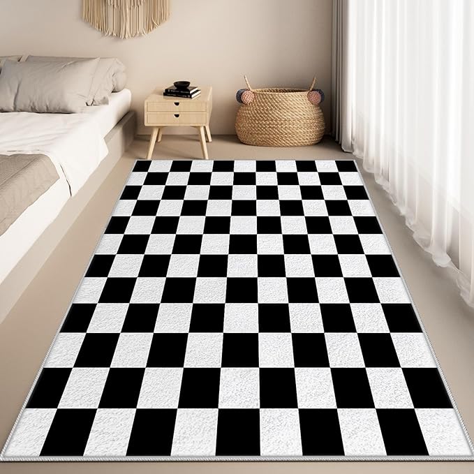Black and White Checkered Rug for Living Room, 4x6 Area Rugs, Checkered Area Rug, Geometric Plaid Large Rugs, Washable Non Slip Retro Carpet Home Floor Decor