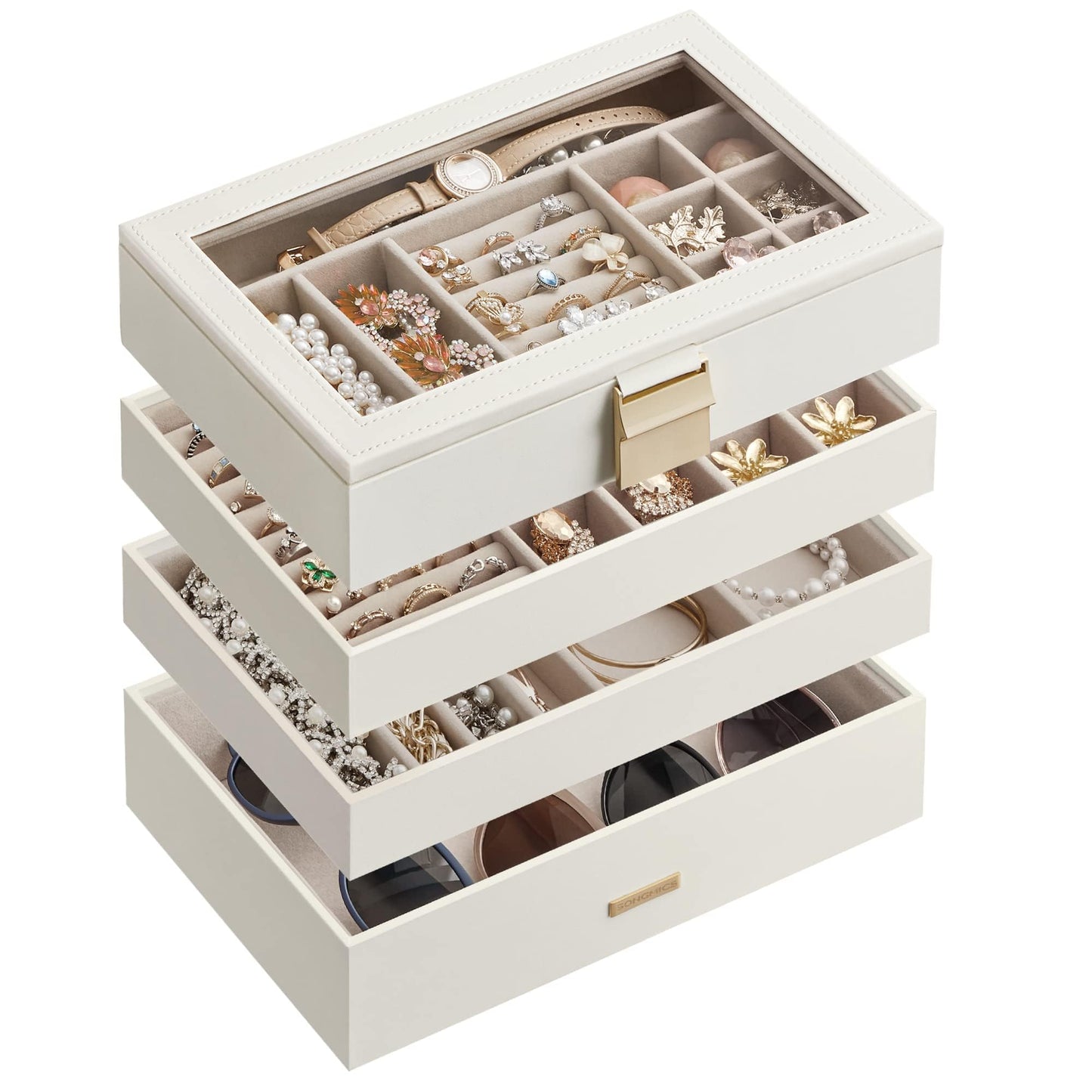 SONGMICS GISELLA Collection - Stackable Jewelry Trays, 4-Tier Jewelry Box, Drawer Jewelry Organizer, with Glass Lid, Removable Dividers, 6.7 x 11 x 7.2 Inches, Gift Idea, Cloud White UJBC164W01