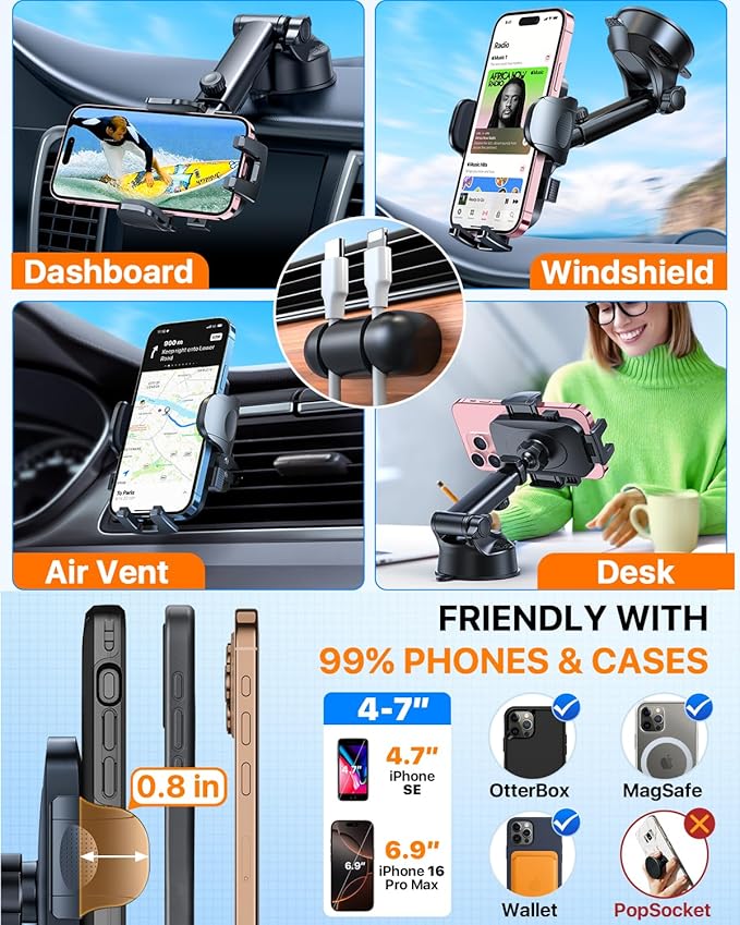 2026 Ultimate Best【True Military-Grade & Safety Cert】Car Phone Holder HTU【Upgraded 5-in-1 & 100+LBS Strongest Suction】360 Rotation Truck Windshield Dashboard Vent Mount Stand for iPhone Android, Green