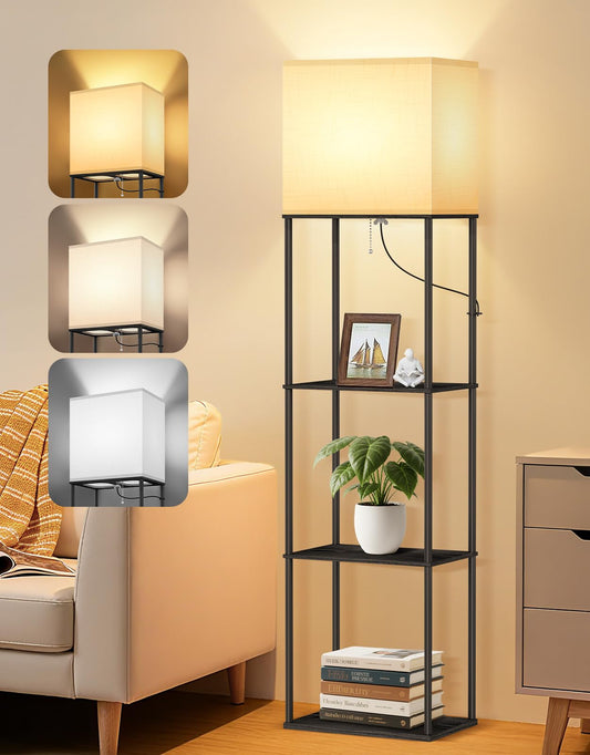 OUTON Floor Lamp with Shelves, Modern Large Size Rectangle Standing Shelf Lamp with 3 Color Temperature Bulb, Storage Display Wood Column Tall Bookshelf Lamp for Living Room, Bedroom Office, Black