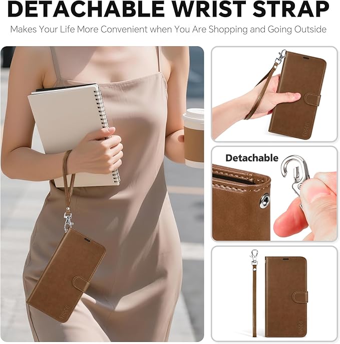 TUCCH Detachable Case Wallet for iPhone 17 Pro (6.3") 2025, Wrist Strap, 4 Card Holders RFID Blocking, Wireless Charging, Stand, 2-in-1 Magnetic, PU Leather, Shockproof Folio Cover, Brown